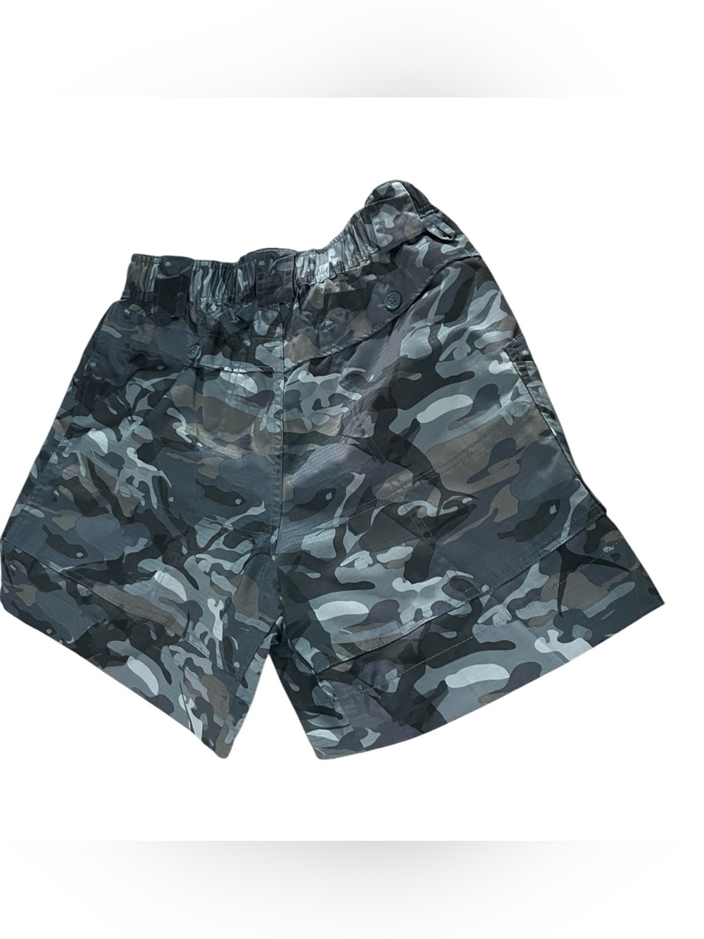 AFTCO Original Fishing Shorts blue camo print yellow logo on the cargo pocket - Picture 2 of 10